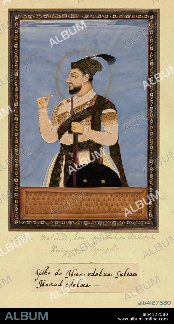 Portrait of Sultan Mahmud, son of Ibrahim Adil-shah; after his father he was ruler of Bijapur. Draughtsman: anonymous. Dating: c. 1686. Place: Golkonda. Measurements: h 203 mm × w 140 mm.