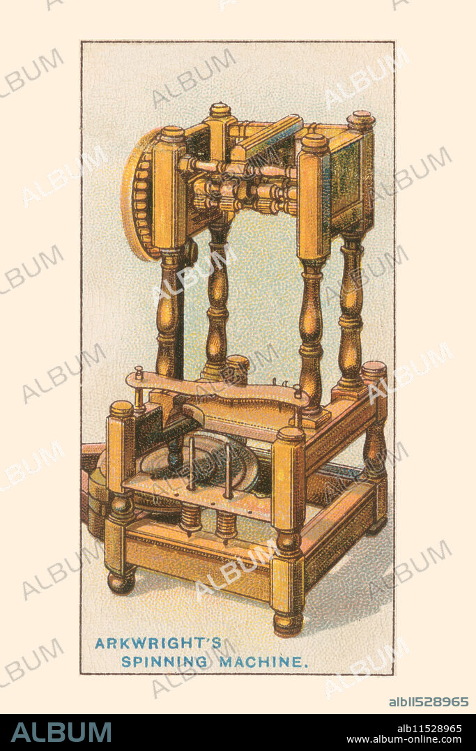 UNKNOWN. In 1767, James Hargreaves invented the first spinning jenny, with which the spinseter could spin ten separate threads at once.  He was however driven from Blackburn, his native town, by his neighbours, who smashed up his machine believing it would drive them out of employment.  In 1769 Sir Richard Arkwright, patented his cotton spinning frame and established factories at Cromford.  H was the first to employ machinery on a large scale for textile manufacturers.