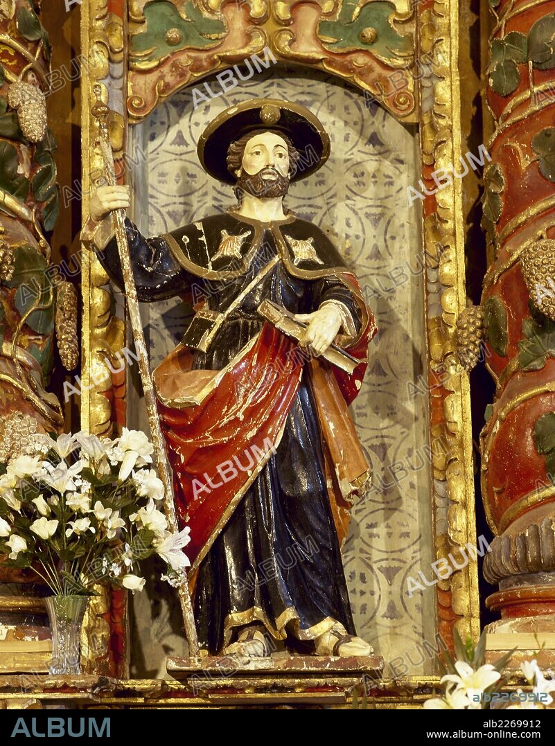 Saint James the Great (3 AD-44 AD). Apostle of Jesus. Polychrome wood carving of the baroque altarpiece, 18th century. Church of Santiago. Barbadelo, Lugo province. Galicia, Spain.