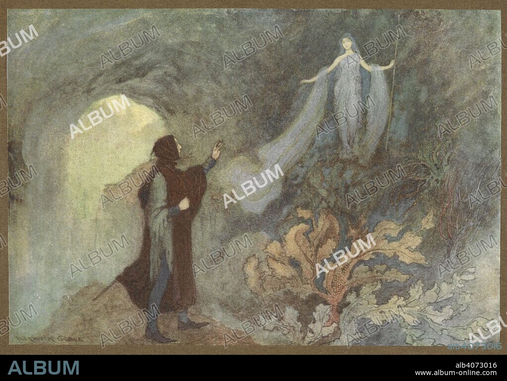 GIOVANNI BATTISTA BASILE and WARWICK GOBLE. The Fairy appearing to the Prince in the Grotto, from Cenerentola. Stories from the Pentamerone ... Selected and edited by E. F. Strange. Illustrated by Warwick Goble. (Translation by John Edward Taylor. Edition de luxe.). London : Macmillan & Co., 1911. Source: LR.26.d.10 plate 6 opp. page 52.