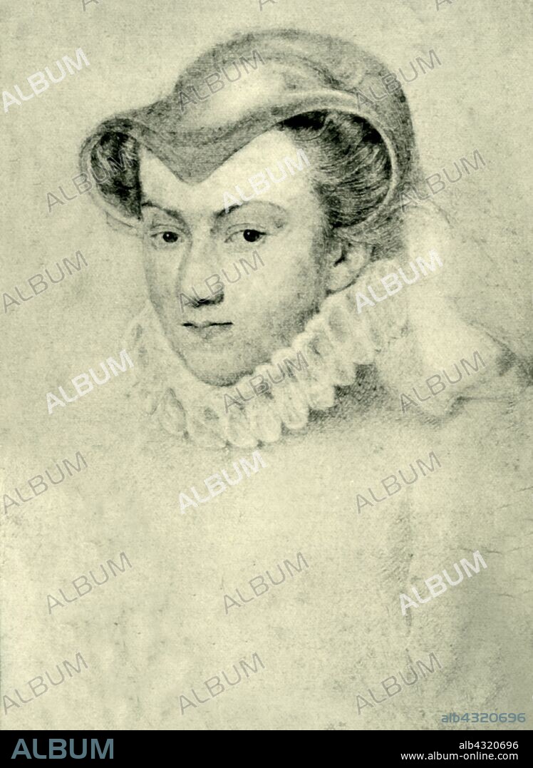 Elisabeth of Austria, Queen of France, 1572, (1907). Portrait of Elisabeth of Austria in widow's clothes. Elisabeth (1554-1592) was Queen of France from 1570 to 1574 as the wife of King Charles IX. After a work of 1572 attributed to Frans Pourbus, in the Bibliothèque nationale de France, Paris. From "Exposition de Portraits, peints et dessinés", (Exhibition of painted and drawn portraits), catalogue of the Bibliothèque Nationale, April-June 1907. [Librairie Centrale Des Beaux-Arts, Paris, 1907].