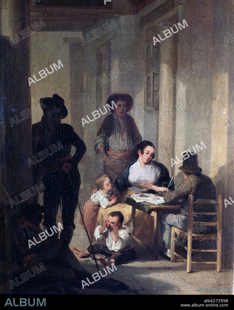 JOSE DOMINGUEZ BECQUER (1805-1841). DOMINGUEZ BECQUER, JOSE PINTOR ESPAÑOL. SEVILLA 1805-1841 "EL ESCRIBANO EN EL PORTAL",OLEO 1878 COLECCION MERCEDES LAVISON. MADRID.