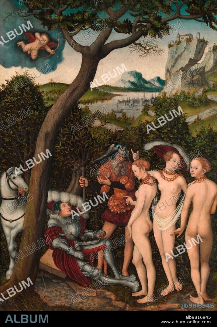 The Judgement of Paris, a famous episode of Greek mythology. The youth Paris must pass judgement on which of three goddesses is the most beautiful: Aphrodite, Athena or Hera, painting by Lucas Cranach the Elder, 4 October 1472, 16 October 1553, one of the most important German painters, graphic artists and letterpress printers of the Renaissance, Historical, digitally restored reproduction of a historical original