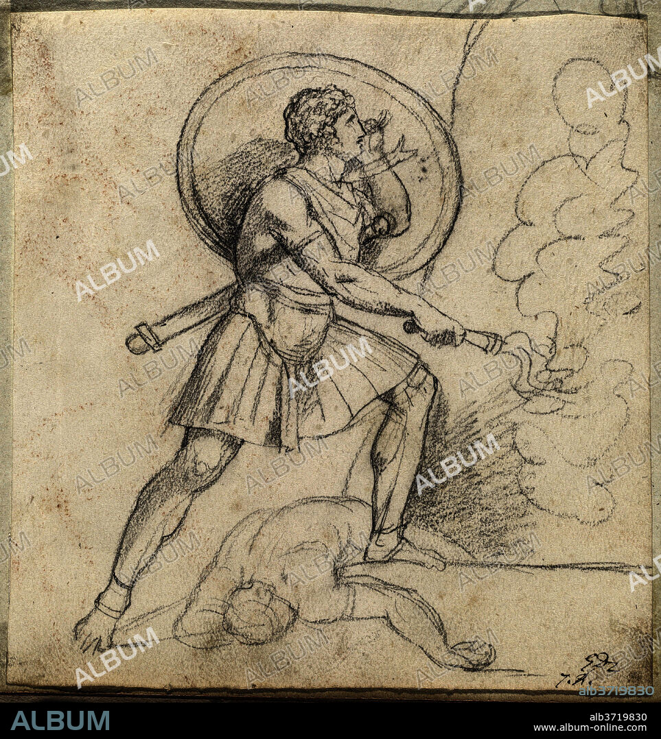 JACQUES LOUIS DAVID. Warrior with a Shield and Torch. Dated: 1775/80. Dimensions: overall: 15.2 x 16 cm (6 x 6 5/16 in.). Medium: black chalk on laid paper.