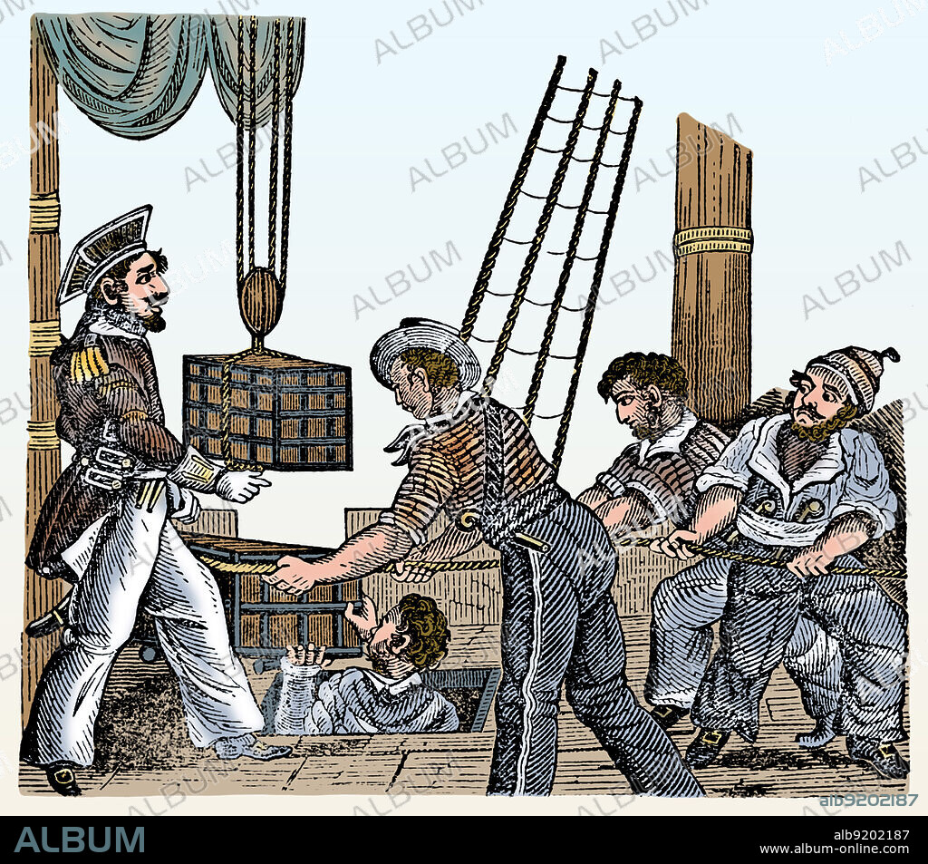 Henry Every (1659 - circa 1696) was an English pirate who operated in the Atlantic and Indian Oceans. The biggest catch of his career was the Gang-i-Sawai, part of Grand Moghul's of India convoy of ships. They plundered about 600,000 pounds of gold, silver, and jewels. Every disbanded his fleet, sailed to Ireland and vanished into obscurity. Colorized illustration.