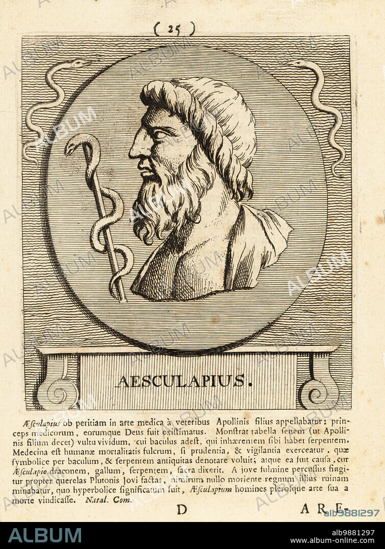 Asclepius or Hepius, hero and god of medicine in ancient Greek religion and mythology. With serpent-entwined staff and serpents. Copperplate engraving by Pieter Bodart (1676-1712) from Henricus Spoors Deorum et Heroum, Virorum et Mulierum Illustrium Imagines Antiquae Illustatae, Gods and Heroes, Men and Women, Illustrated with Antique Images, Petrum, Amsterdam, 1715. First published as Favissæ utriusque antiquitatis tam Romanæ quam Græcæ in 1707. Henricus Spoor was a Dutch physician, classical scholar, poet and writer, fl. 1694-1716.