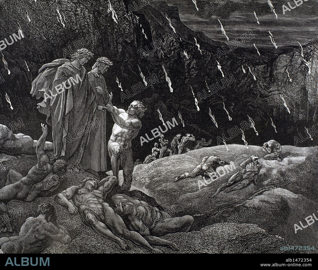 PAUL GUSTAVE DORÉ (après). "LA DIVINA COMEDIA". Poema escrito en toscano donde se relata el viaje de su autor, DANTE ALIGHIERI, para llegar a la CONTEMPLACION DIVINA. " ¿ESTAIS VOS AQUI, MICER BRUNETO? " (Infierno, c. XV). Grabado de Gustave DORE.