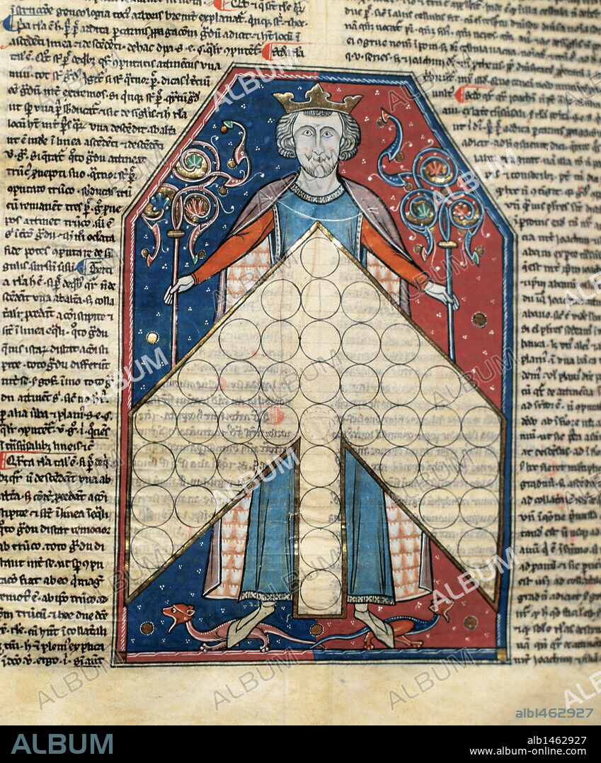 Codex 2. By Henricus of Segusio, Hostiensis (c.1200-1271). Detail of a page depicting perhaps a king. Miniature, Book 4. Folio 214. Chapter Archive of Tarazona. Spain.