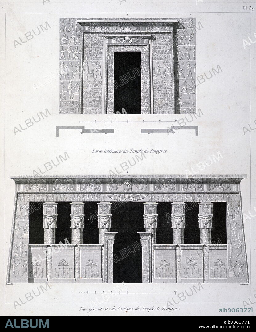 A Doorway and Gantry at the Temple of Tentyris, 19th century. Dendera Temple complex. The ancient site of Ta-ynt-netert which means 'She of the Divine Pillar', or Tentyra which is Greek for Dendera. By the French artist Vivant Denon.