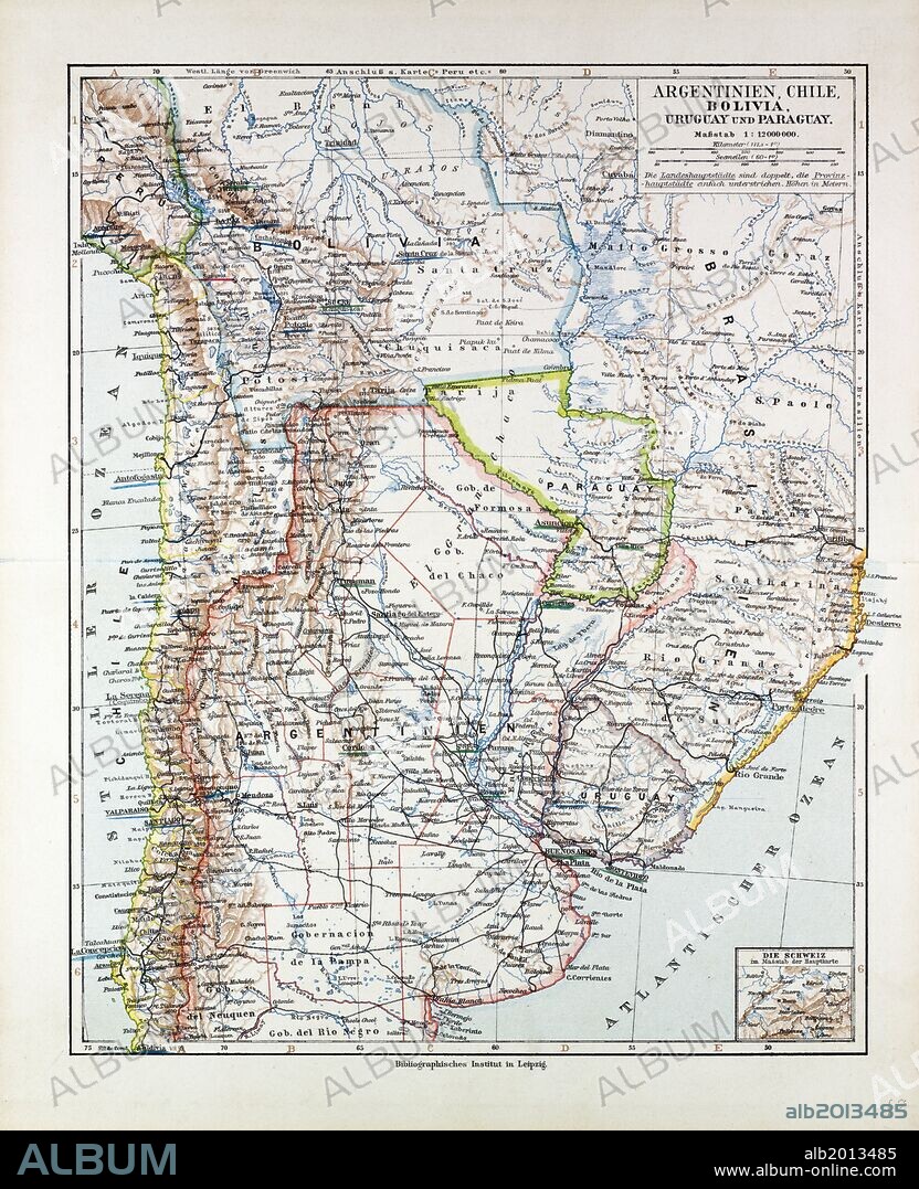 MAP OF ARGENTINIA, CHILE, BOLIVIA, URUGUAY AND PARAGUAY, 1899.