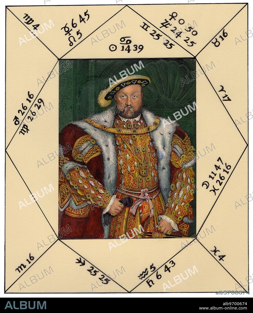 HOROSCOPES - HENRY VIII, KING OF ENGLAND. Henry was born on 28 June 1491, in London. According to the chart cast by Ebenezer Sibly, A New and Complete Illustration of the Occult Sciences (1790), Henry was born at 10:40 am. As one of the most significant historical figures of the period, it is inevitable that a large number of charts relating to Henry's birth were published, both during his life and in the century that followed: it is no surprise that Henry was himself a keen star-gazer, with an interest in astrology. Some of the more interesting horoscopes are those in unpublished manuscript form in the Bodleian and the British Library. The chart published by Lucas Gauricus,Tractatus Astrologicus, (1542), is certainly in error in giving the chart an Ascendant of 15.30 Leo: however, I have made this chart available, in the Charles Walker Collection. The English astrologer, John Gadbury, Collectio Geniturarum (1662), gives the more reasonable Ascendant of 27 Virgo, which was adopted by Sibly, and which has been incorporated into the Sibly chart now available from the Charles Walker Collection. Because Sibly's chart is reasonably accurate, I have used this for use as the basis for my own sigillization, merely adjusting the data to represent the accurate horoscope. The portrait displayed in my own version of the horoscope is a nineteenth century hand-coloured steel-print of the painting by Hans Holbein, executed at Henry's court, about 1526. The full data for the chart is as follows:. Moon 11.47 Aries    Sun 14.39 Cancer     Mercury 06.45 Leo. Venus 00.50 Gemini   Mars 26.16 Virgo     Jupiter 24.25 Gemini. Saturn 06.43 r, Aquarius Uranus 22.02 r. Capricorn  Neptune 25.33 r. Sagittarius. Pluto 29.19 r Libra    Caput 29.44 Scorpio    Fortuna 23.37 Gemini. Ascend. 26.29 Virgo   MC 25.25 Gemini.