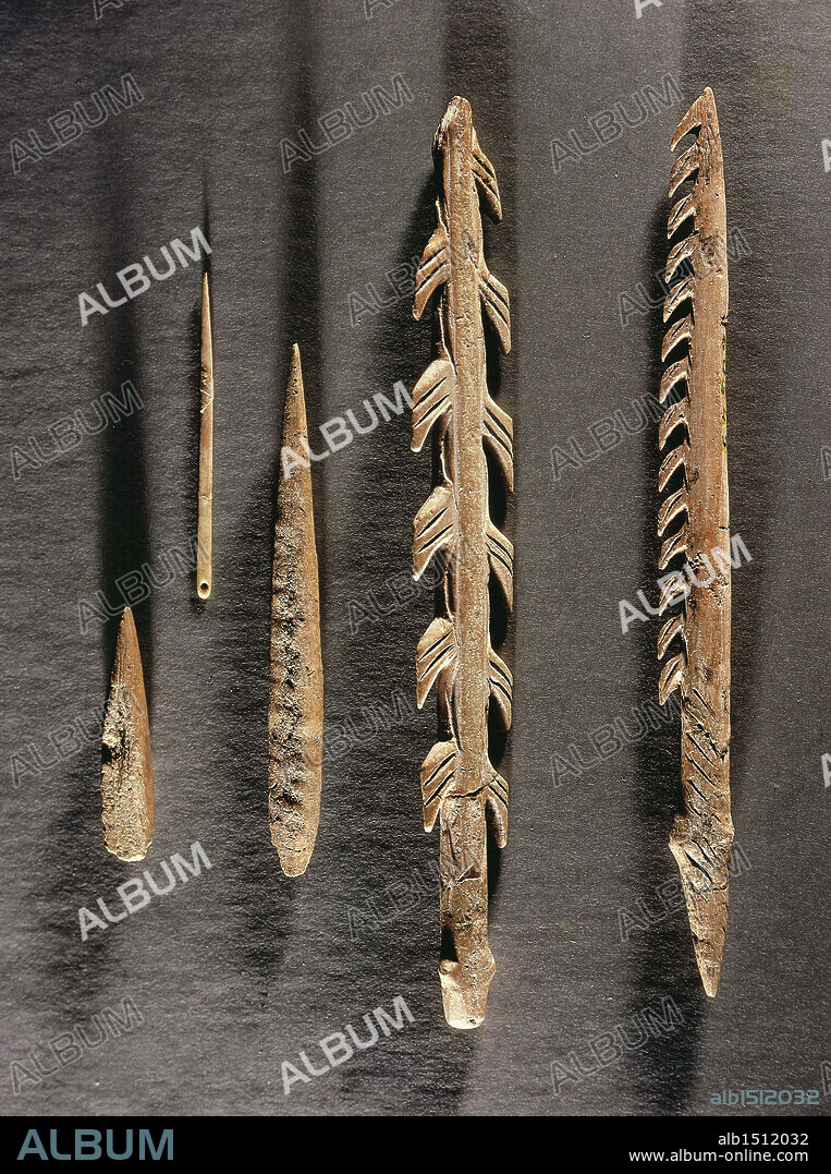 Prehistory, France, Upper Paleolithic. Stone tools: scraper, burin, gimlet, bifacial point. Late Magdalenian period.