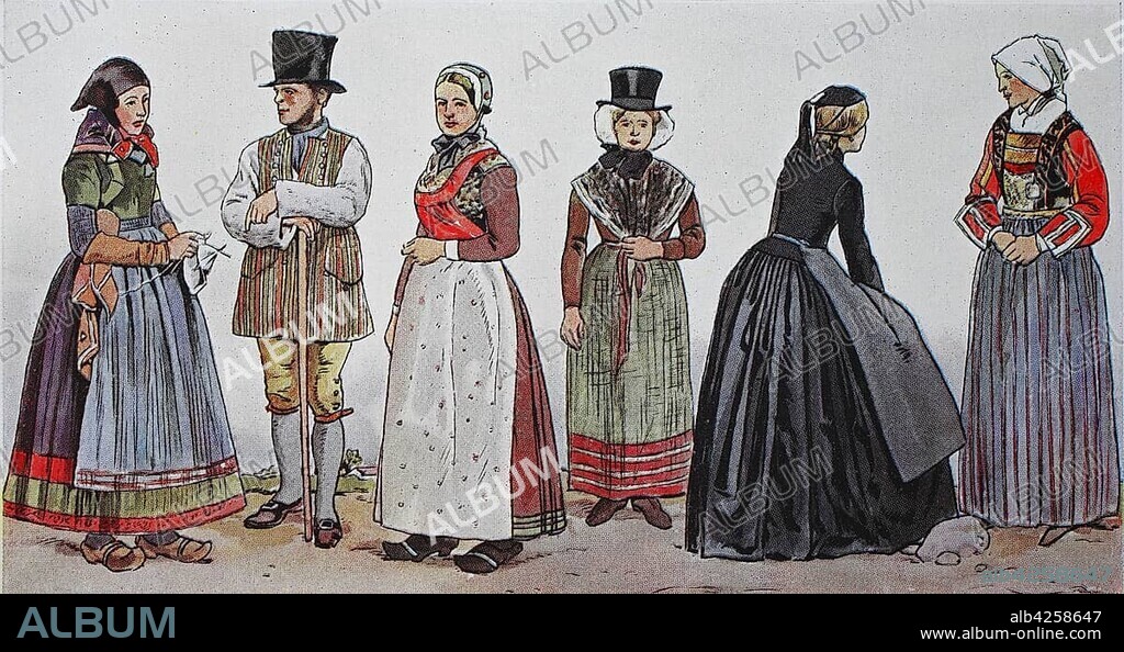 People in traditional costumes, fashion, clothes in Denmark, folk costumes in the modern history, illustration, Denmark, Europe.