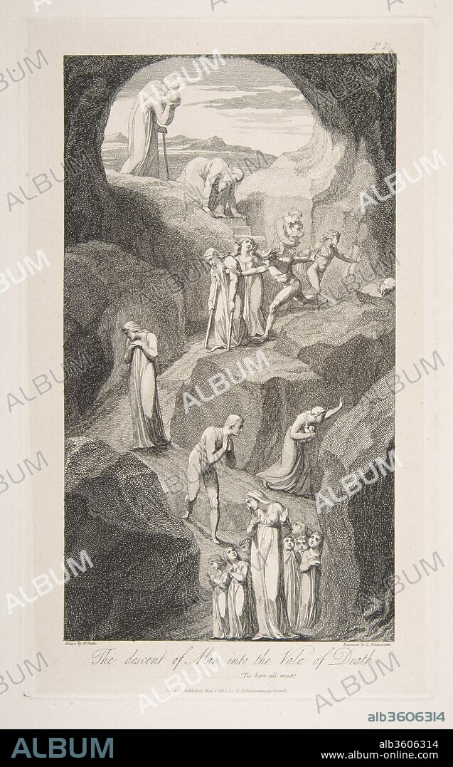 The Descent of Man into the Vale of Death, from The Grave, a Poem by Robert Blair. Artist: Luigi Schiavonetti (Italian, Bassano del Grappa 1765-1810 London); After William Blake (British, London 1757-1827 London). Dimensions: plate: 9 1/2 x 5 5/16 in. (24.1 x 13.5 cm)
sheet: 10 13/16 x 6 1/4 in. (27.5 x 15.9 cm). Publisher: Rudolph Ackermann, London (active 1794-1829). Date: March 1, 1813.