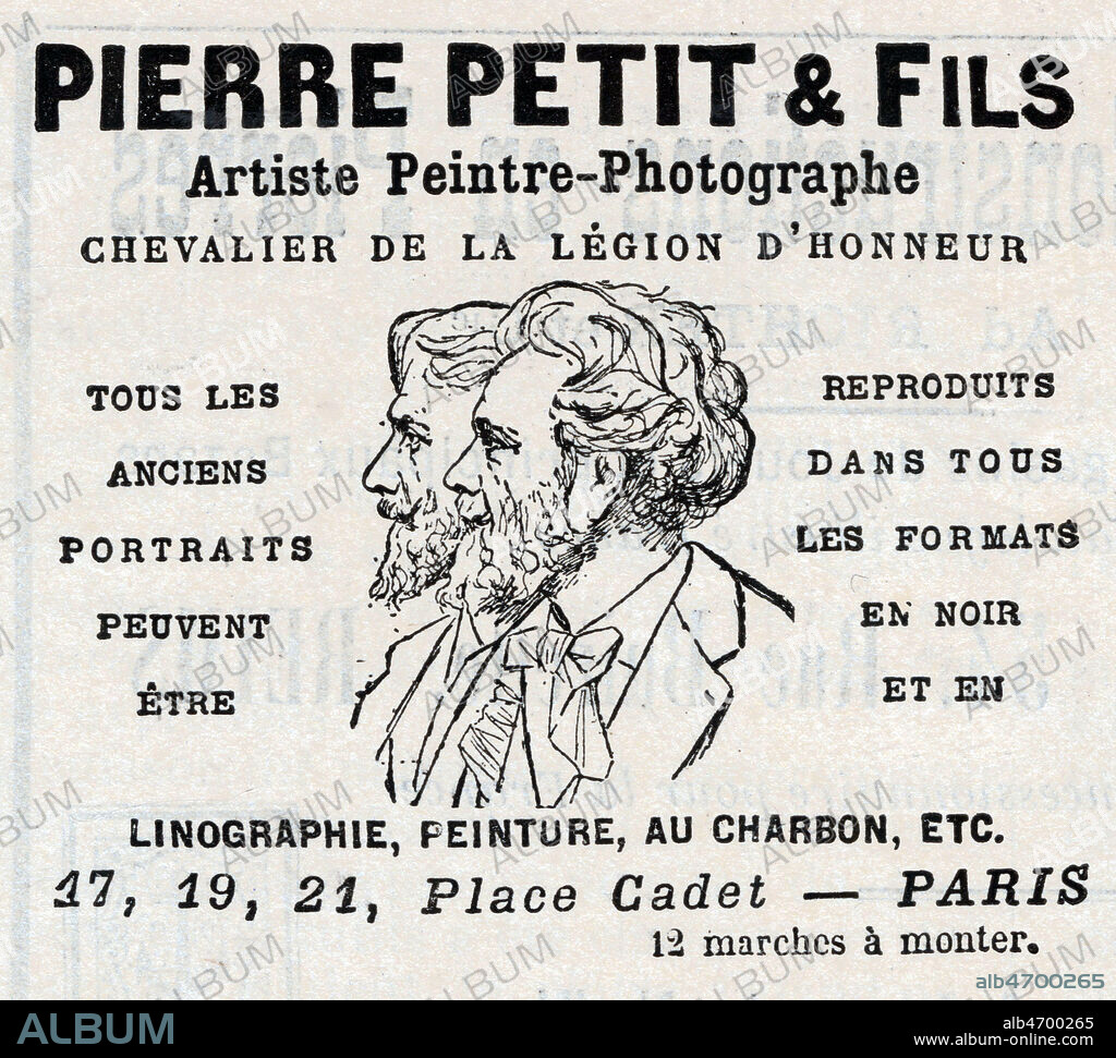 Annonce publicitaire de Pierre PETIT (1832-1909) et Fils Artiste peintre photographe. Illustration anonyme parue dans Le Chercheur du 1er janvier 1893. Credit : Collection Jonas/Kharbine-Tapabor.
