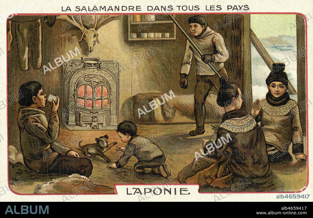 Laponie : poele dans une hutte. Publicite pour les poeles a bois 'La salamandre'. Carte postale publicitaire vers 1900, serie intitulee 'La Salamandre dans tous les pays'. Credit : IM/KHARBINE-TAPABOR.