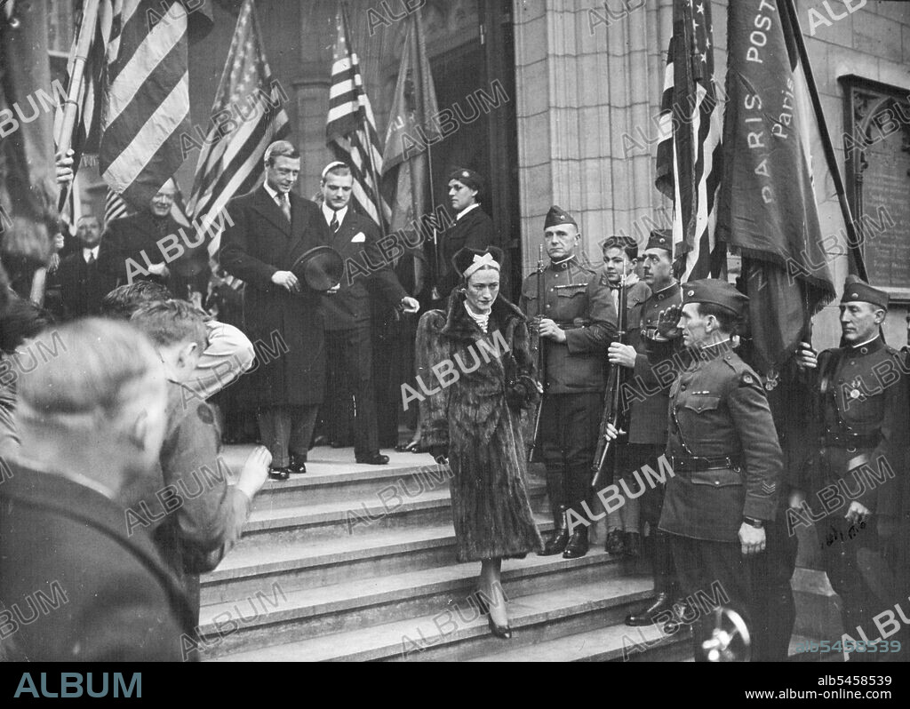 Duke and Duchess of Windsor at American Thanksgiving Day Service in Paris.Photo Shows:- The Duke and Duchess of Windsor leaving after the service, followed by Mr. William Bullitt, the United States Ambassador. The Duke and Duchess of Windsor attended the Thanksgiving Day Service at the American Church on the Quai d'Orsay in Paris.The Duke and Duchess, with the Duke's equerry Mr. Dudley Forwood occupied the front pew. Mr. William Bullitt, American Ambassador in Paris, sat with them. November 25, 1937. (Photo by Kosmos Press Bureau (Australia) Pty. Ltd).