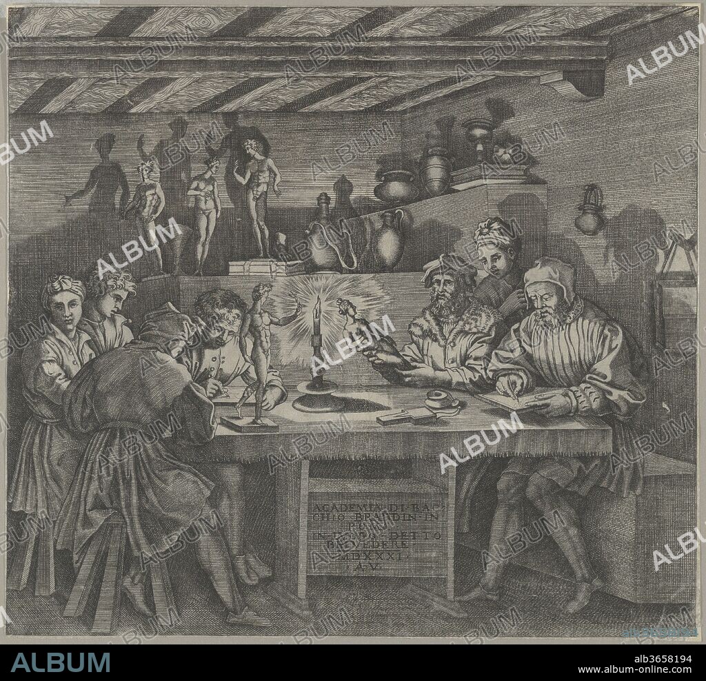 Baccio Bandinelli in his studio holding a statuette of Venus, students sketching from a model by candlelight. Artist: Agostino Veneziano (Agostino dei Musi) (Italian, Venice ca. 1490-after 1536 Rome); After Baccio Bandinelli (Italian, Gaiole in Chianti 1493-1560 Florence). Dimensions: Sheet: 10 13/16 × 11 13/16 in. (27.4 × 30 cm). Date: 1531.
According to the inscription, this dramatic interior night scene depicts young art students at the Belvedere art academy in Rome. The school was run by the Florentine sculptor Baccio Bandinelli, famous for his drawings of the human figure. He is represented here wearing a fur-collared coat and holding a statuette of Venus. Before the founding of the first official art academy in 1563, artists traditionally received their training through apprenticeships in a master's workshop like this one.