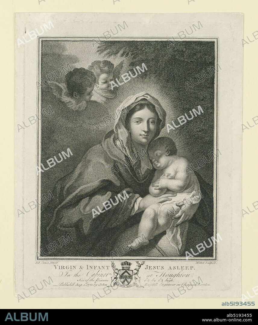The Madonna With Sleeping Child, Jean-Baptiste Michel, French, 1748 - 1804, Sebastiano Conca, Italian, 1680 - 1764, John Boydell, British, 1719 1804, Engraving on paper, Half length Madonna, facing frontally, holding the sleeping Child on her lap. Above, two seraph-heads., London, England, 1781, Print, Print.