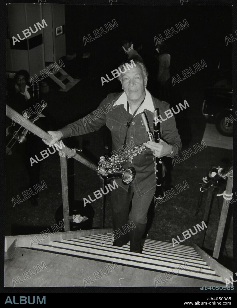 Earle Warren (alto saxophone/clarinet) of the Lionel Hampton Orchestra at the Newport Jazz Festival, Ayresome Park, Middlesbrough, July 1978.