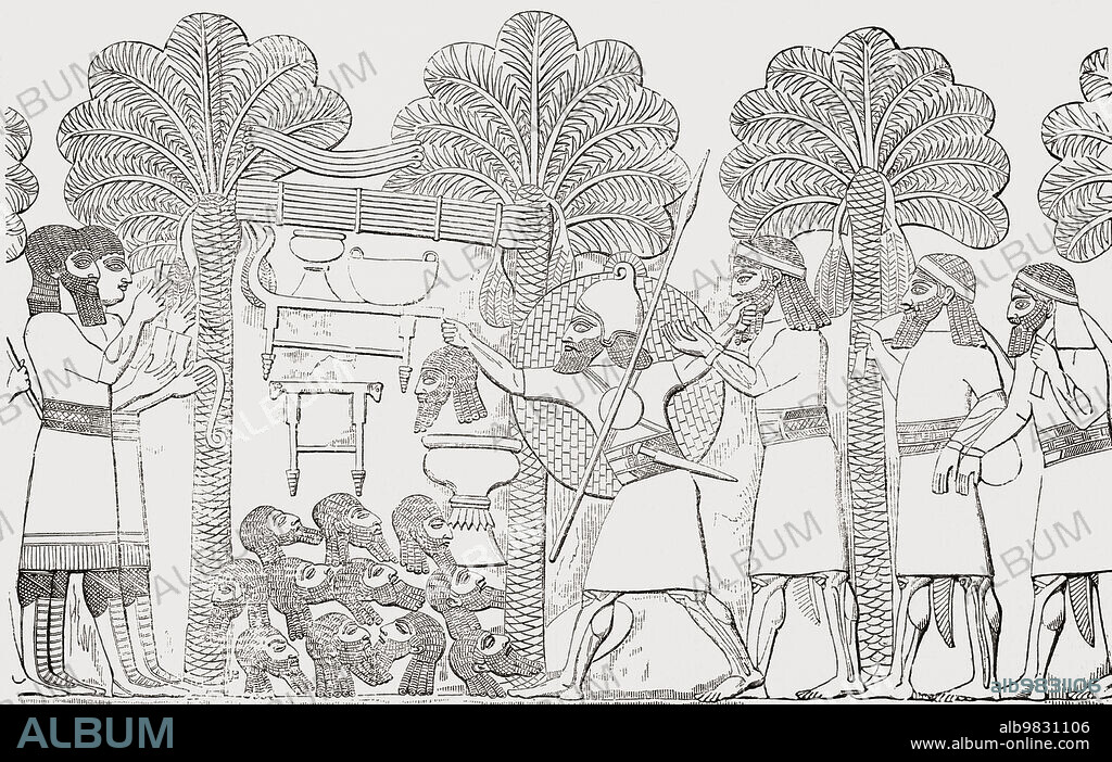 Assyrian scribes note the numbers of enemy dead, prisoners and the spoils from a recent victory. After an unidentified 19th century artist.