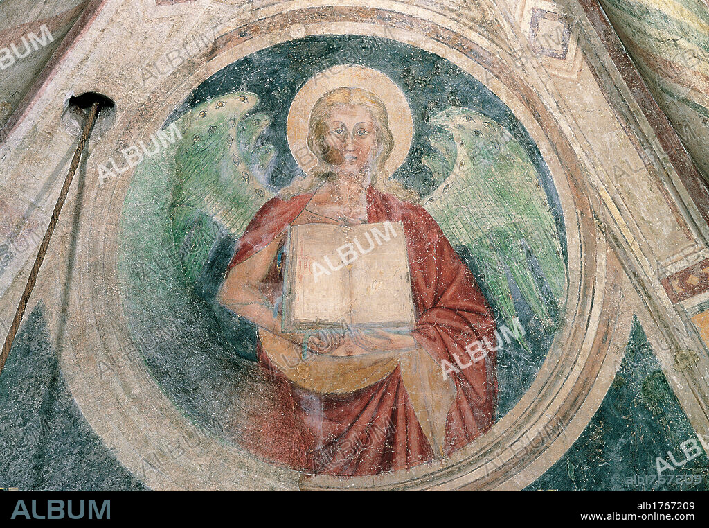 Fresco depicting St Matthew in a clypeus, by Unknown Artist, 14th Century,. Italy, Lombardy, Milan, San Pietro in Celestino Church. Detail. Decoration cross groined vault clypeus St Matthew the Evangelist angel holding a book colors red aureole halo nimbus blue red.