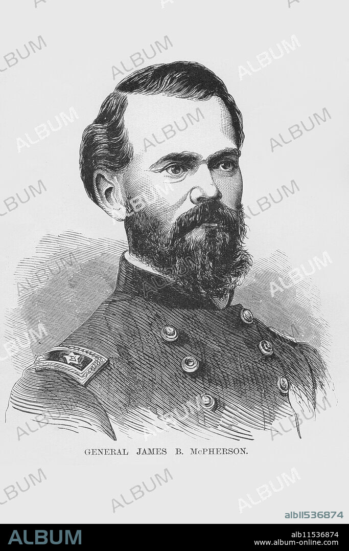 FRANK LESLIE. General James B. McPherson.  James Birdseye McPherson (November 14, 1828 – July 22, 1864) was a career United States Army officer who served as a general in the Union Army during the American Civil War. McPherson was on the General's staff of Henry Halleck and later, of Ulysses S. Grant and was with Grant at the Battle of Shiloh. He was killed at the Battle of Atlanta, facing the army of his old West Point classmate John Bell Hood, who paid a warm tribute to his character. He was the second highest ranking Union officer killed during the war.