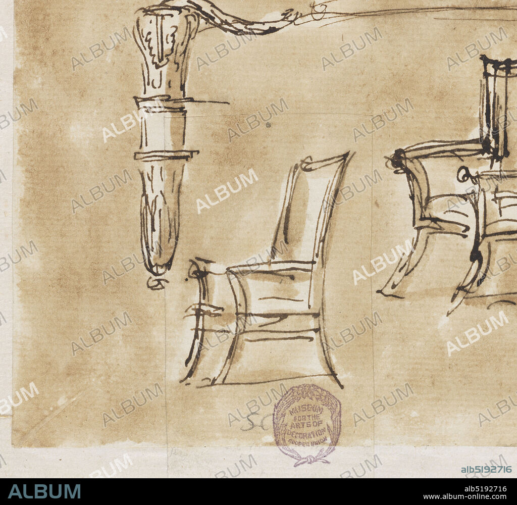 Four Chairs, Graphite, pen and brown ink, brush and brown wash, on off-white laid paper, lined, Above at left: an armchair with a plain curved back. At center: a big armchair, a variation of 1901-39-432 with a different frame of the back, circular above and with scrolls at the sides. Below, at left: part of a foreleg and arm support. Below, at right: sketches of two chairs with straight arms and curved angular backs., Italy, 177580, furniture, Drawing, Drawing.