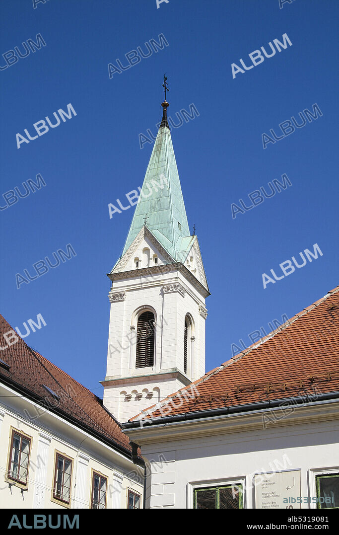 Zagreb, Croatia, Republika Hrvatska, Europe. Zagreb. Greek Catholic Co-cathedral of Saints Cyril and Methodius (Grkokatolcika Konkatedrala Sv. irila i Metoda), the bell tower.