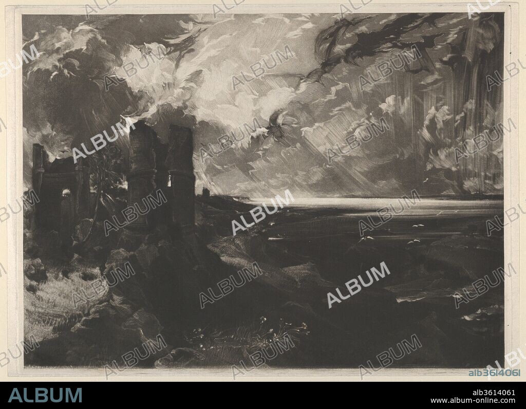 Hadleigh Castle: Large Plate. Artist: David Lucas (British, Northamptonshire 1802-1881 London); After John Constable (British, East Bergholt 1776-1837 Hampstead). Dimensions: Plate: 10 7/8 × 14 11/16 in. (27.6 × 37.3 cm)
Sheet: 11 1/16 × 15 1/8 in. (28.1 × 38.4 cm). Date: 1830-49.
In 1829, Lucas became involved in a project with John Constable to execute a select group of Constable's landscape paintings in mezzotint, a tonal engraving medium in which the plate is roughened with a tool called a rocker so that its burr retains the printing ink to varying degrees. Constable saw the early proofs and requested that Lucas bring him more examples: "Bring me another large 'Castle,' or two, or three, for it is mighty fine, though it looks as if all the chimney sweepers in Christendom had been at work on it and thrown their soot bags up in the air." This large plate was first published in 1849, following Constable's death, and is based on a painting that Constable associated with "melancholy grandeur," a mood which is echoed here before the addition of figures and animals in later trials.
