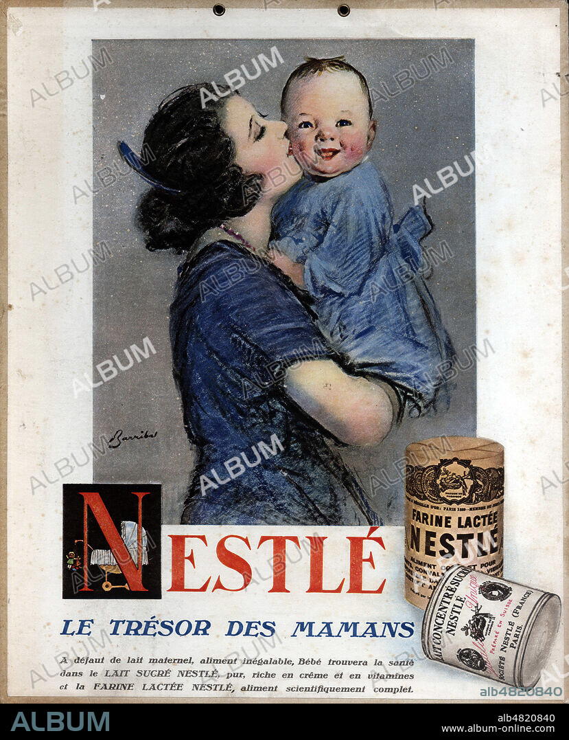 NESTLE le tresor des mamans. Une mere embrasse son bebe. Affiche publicitaire pour le lait Nestle vers 1928. Illustration par W. H. Barribal (1874-1952 = ADAGP). Credit : IM/KHARBINE-TAPABOR.