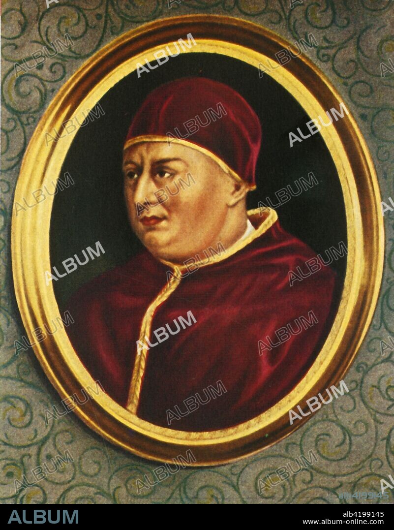 'Leo X', (1933). Portrait of Pope Leo X (1475-1521), born Giovanni di Lorenzo de' Medici, after a painting made c1517 by Raphael. From "Gestalten Der Weltgeschichte", a book of cigarette-card portrait miniatures of figures in world history from the last four hundred years. [Germany, 1933].