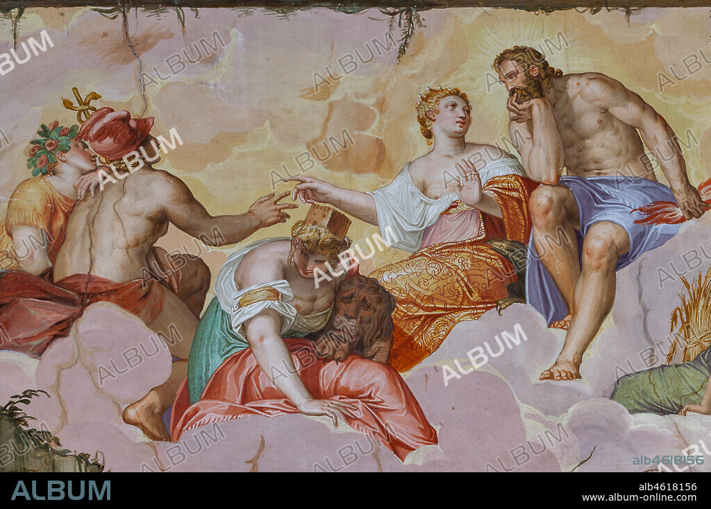 Lonedo di Lugo of Vicenza, Villa Godi Malinverni: the Room of Olympus. Some gods and goddesses are lying on clouds, above architectural ruins. Detail with Juno, Jupiter, Cybele (goddess of architecture with a tower on the head) and Mercury. Frescoes by Giovanni Battista Zelotti, ca 1557.