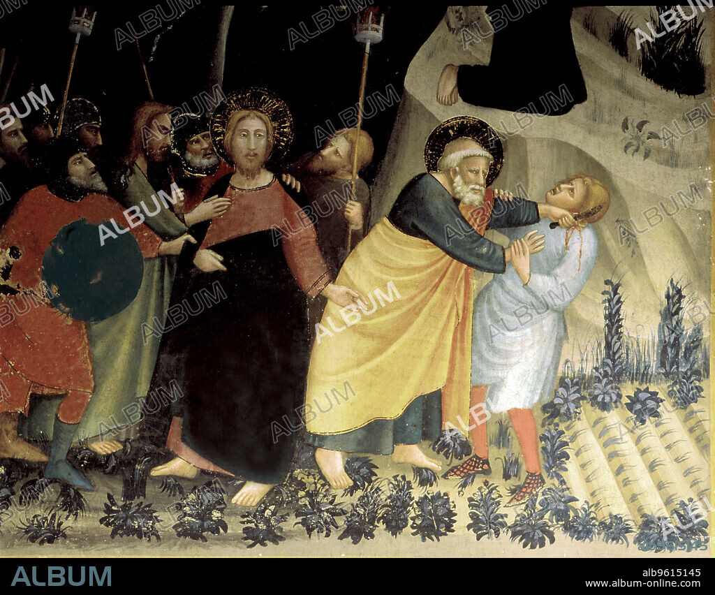 'Arrest of Jesus in the Garden of Gethsemane' detail of Paintings by Ferrer Bassa, preserved frescoes in the chapel of St. Michael of the Monastery of Pedralbes in Barcelona.