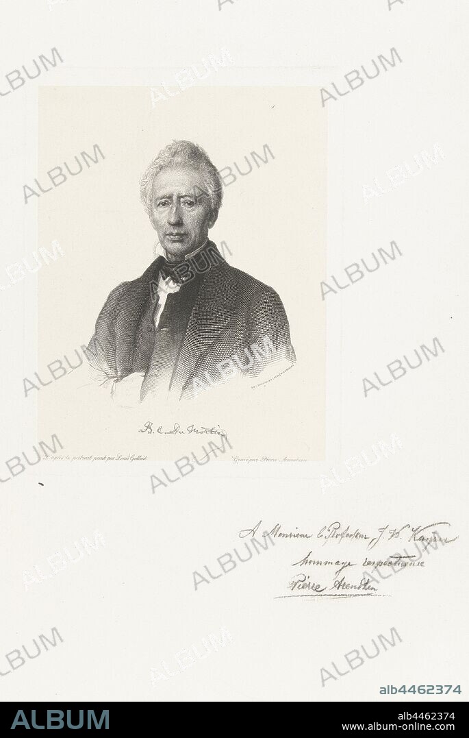 Portrait of Barthelemy Dumortier, Bust of Barthelemy Dumortier in later life. Below the portrait his signature in facsimile., Petrus Johannes Arendzen (mentioned on object), Antwerp, 1870 - 1879, etching, h 180 mm × w 140 mm.