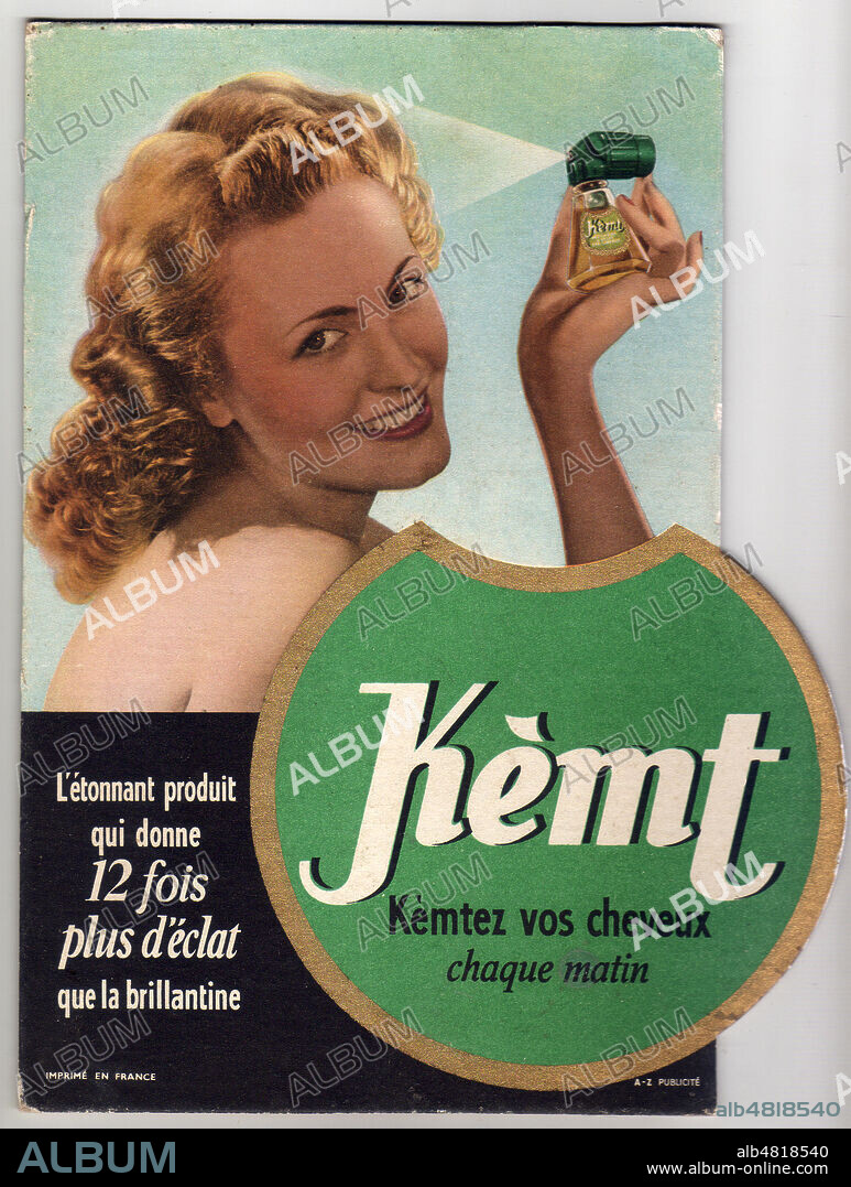 Carton PLV brillantine Kemt vers 1950 "Kemtez vos cheveux" . Collection ELZINGRE/KHARBINE TAPABOR.