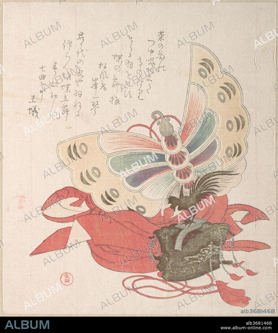 Spring Rain Collection (Harusame shu), vol. 2: Costume for the Butterfly Dance (Kocho no mai). Artist: Kubo Shunman (Japanese, 1757-1820). Culture: Japan. Dimensions: 8 5/16 x 7 1/4 in. (21.1 x 18.4 cm). Date: 1810s.
Surimono are privately published woodblock prints, usually commissioned by individual poets or poetry groups as a form of New Year's greeting card. The poems, most commonly kyoka (witty thirty-one syllable verse), inscribed on the prints usually include felicitous imagery connected with spring, which in the lunar calendar begins on the first day of the first month. Themes of surimono are often erudite, frequently alluding to Japanese literary classics in both texts and images.
For the Butterfly Dance (Kocho no mai), performers don ornate crowns and colorful costumes resembling butterfly wings. Originally performed as a court dance (bugaku), the Butterfly Dance was eventually incorporated into the noh and kabuki repertoires.