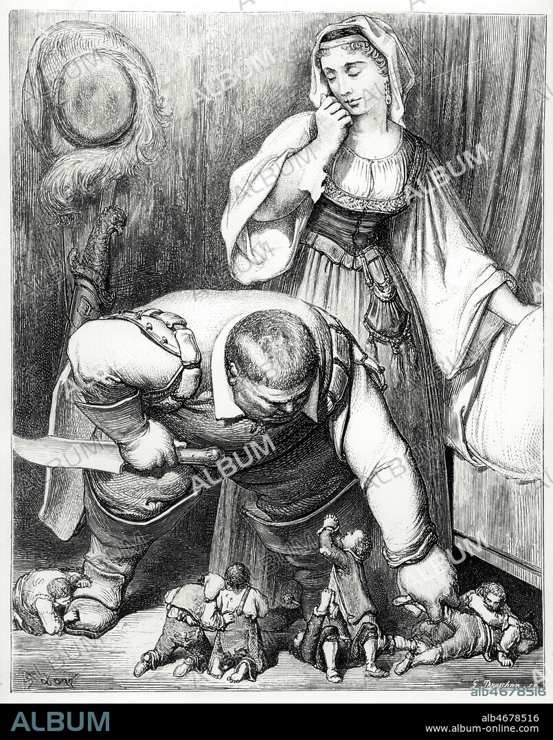 Le PETIT POUCET, Poucet et ses freres sont debusques par l'ogre. Conte de PERRAULT, gravure de Gustave DORE, 1862. Credit Collection Kharbine Tapabor.