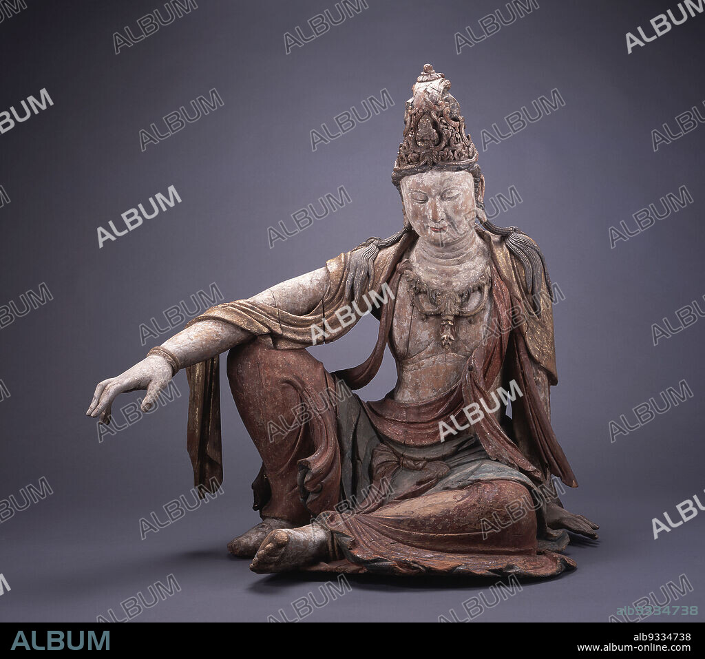 Seated Bodhisattva Avalokitevara (Guanyin) of Water-Moon Form, Chinese, Liao dynasty, 9071125, or Northern Song dynasty, 9601127, or Jin dynasty, 11151234, 11th12th century, Wood, gesso, and pigment with gilding, Made in Shanxi province, China, Asia, Sculpture, wood, height: 39 in. (99.1 cm).