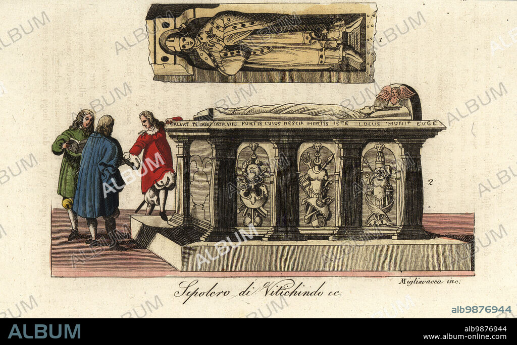 Tomb of Widukind, died 785. Leader of the Saxons and chief opponent of the Frankish king Charlemagne during the Saxon Wars. Sepolcro di Vitichindo. Handcoloured copperplate engraving by Migliavacca from Giulio Ferrarios Costumes Ancient and Modern of the Peoples of the World, Il Costume Antico e Moderno, Florence, 1844.