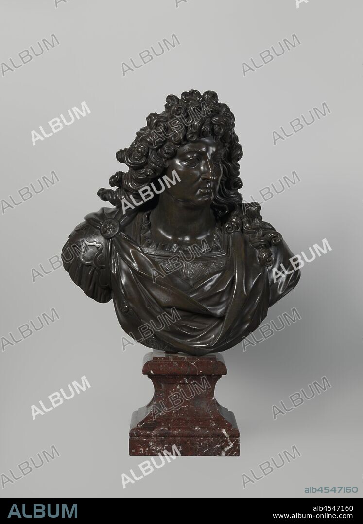 Portrait of Louis XIV (1638-1715), King of France and Navarre, A slightly  smaller than life-size portrait of Louis XIV in patinated bronze, on a  square red marble base. Th - Album alb4547160