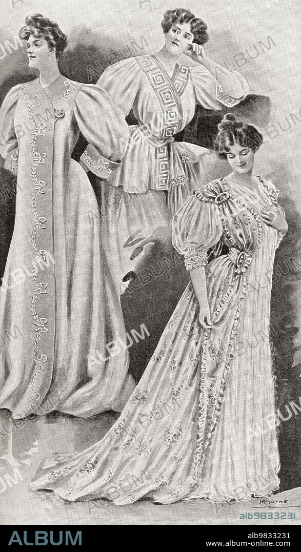 Early 20th century fashion advertisement for a country house visiting outfit. A simple suit, A morning suggestion, The lingerie blouse. From The World and his Wife, published 1906.