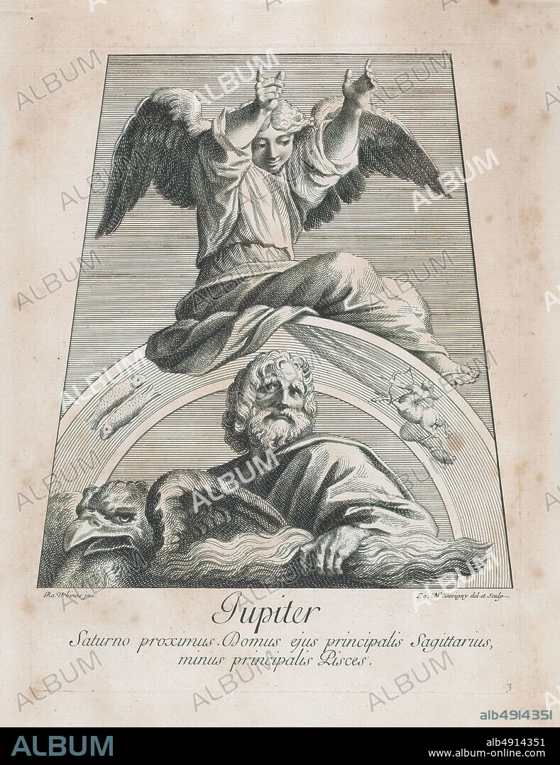 Sir Nicolas Dorigny, Jupiter, Raphaelis Sanctii Urbinatis Planetarium, Sir Nicolas Dorigny (French, baptized Paris, 16581746 Paris), After Raphael (Raffaello Sanzio or Santi) (Italian, Urbino 14831520 Rome), 1695, Engraving, Plate: 11 5/16 × 8 1/2 in. (28.7 × 21.6 cm), Sheet: 13 5/16 × 10 3/16 in. (33.8 × 25.8 cm), Prints.