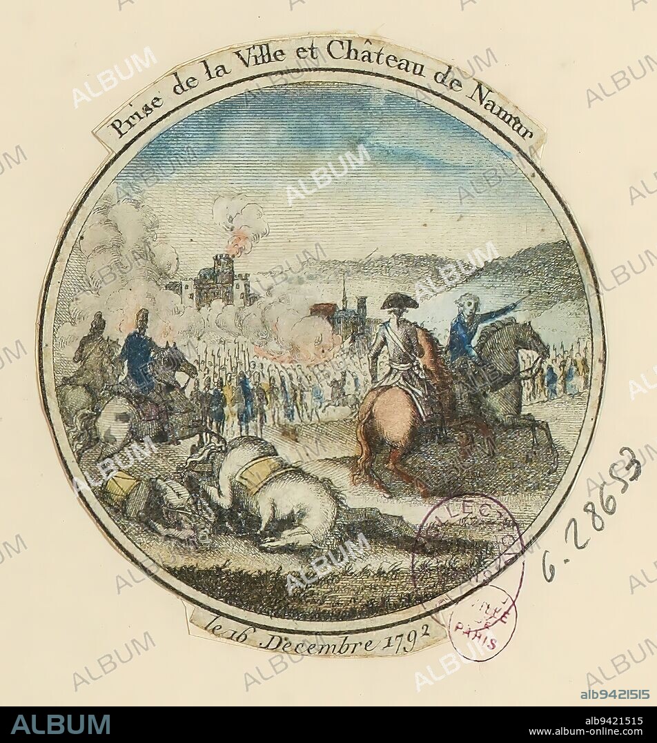 French Revolution. Capture of the city and castle of Namur (in current Belgium), December 16, 1792., Anonymous, Engraver, Basset, Paul André (Fils), Publisher, Around 17871797, Print, Graphic arts, Révolution française, Print, Dimensions - Work: Diameter: 6.6 cm, Dimensions: Height: 50 cm, Width: 32 cm.