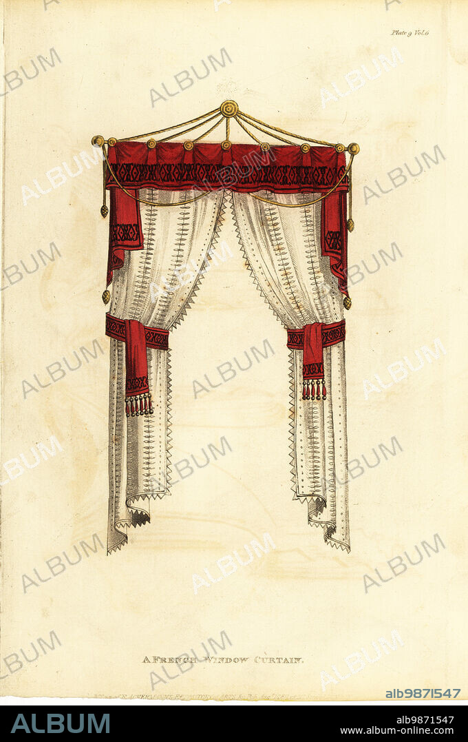 French window curtains, 1811. Military belt drapery slung from naval clue and lines, in morine or kerseymere cloth with rich embossed border and fringe. Net curtain of vandyke muslin. Handcoloured copperplate engraving from The Upholsterer's and Cabinet-Maker's Repository consisting of seventy-six designs of modern and fashionable furniture, Rudolph Ackermann, London, 1830.
