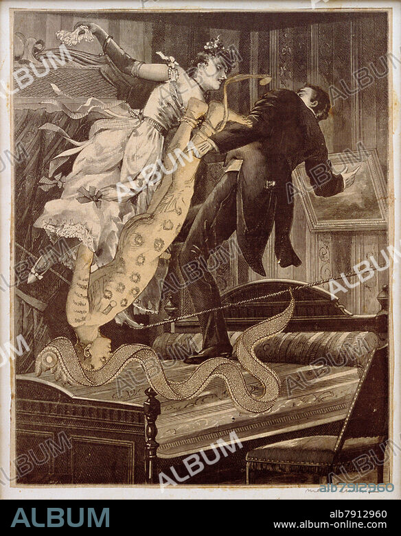 MAX ERNST. Ernst, Max; 1891-1976. "Allons! Dansons la Ténébreuse ..." (Auf in die Finsternis, tanz mit mir den Hexentanz ...), 1929/30. (Illustrationsvorlage zu dem Collagenroman: "Rêve d'une petite fille qui voulut entrer au Carmel" (Das Karmelienmädchen - Ein Traum), Kapitel 1, Tafel 10). Collage auf Karton, 24 × 19 cm. Privatsammlung.