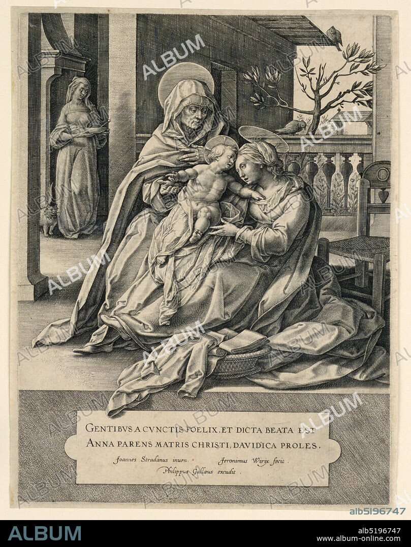 St. Anne, the Virgin and the Christ Child, Jan van der Straet, called Stradanus, Flemish, 15231605, Hieronymus Wierix, Flemish, 1553 - 1619, Philips Galle, Flemish, 1537 - 1612, Engraving on paper, Signed: 'Joannes Stradanus inuen. Jeronimus Wierix fecit. / Phillupus Gallaeus excudit.', Netherlands, ca. 1580, figures, Print, Print.