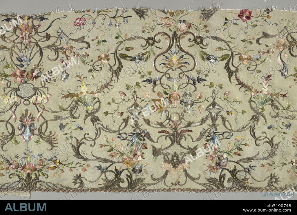Textile, Medium: silk, metallic yarns, parchment Technique: embroidered in satin and knotted stitches on plain weave over parchment shapes, Symmetrical Rococo design of silver gilt arabesques and cartouches, combined with naturalistic flowers in polychrome silks, on ivory silk ground., France or Italy, 18th century, embroidery & stitching, Textile.