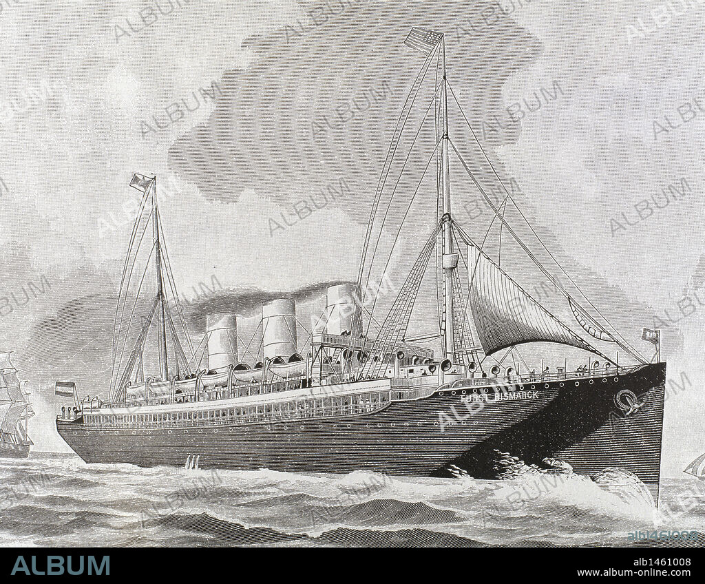 HISTORIA DE LA NAVEGACION. BARCO A VAPOR "S. S. FURST BISMARCK", perteneciente a la "Hamburg America Line", línea de navegación transatlántica y muy activa en la inmigración alemana hacia los Estados Unidos. Grabado del siglo XIX.