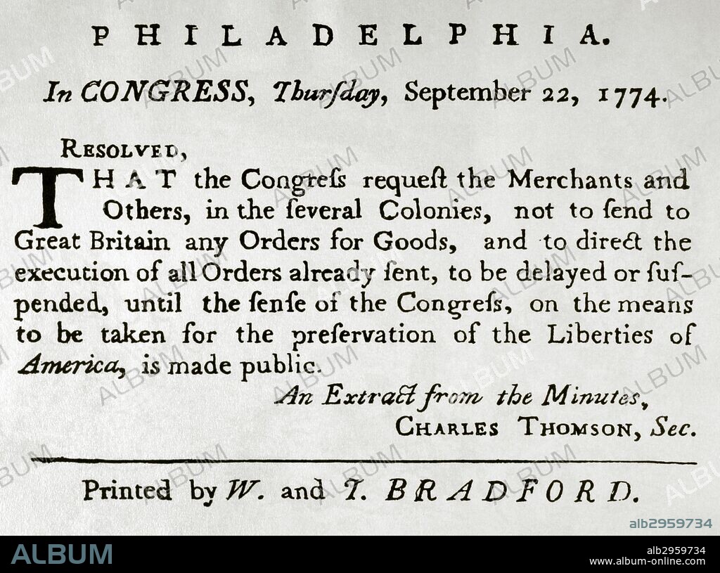 United States. American Revolution (1765-1783). First Continental Congress. September 22, 1774. Philadelphia. Manifest to request the merchants of the federal colonies, not to send to Great Britain any goods, for the preservation of the liberties of America. From the Minutes. Secretary Charles Thomson. Printed by W. and T. Bradford.